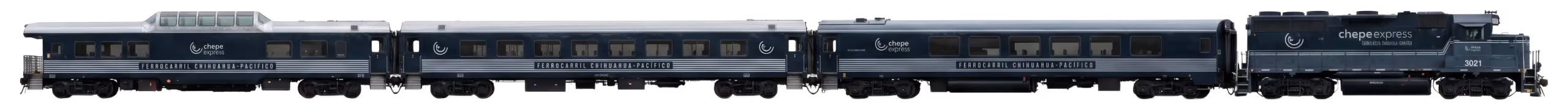 Tren Chepe Express del Ferrocarril Chihuahua-Pacífico visto de perfil