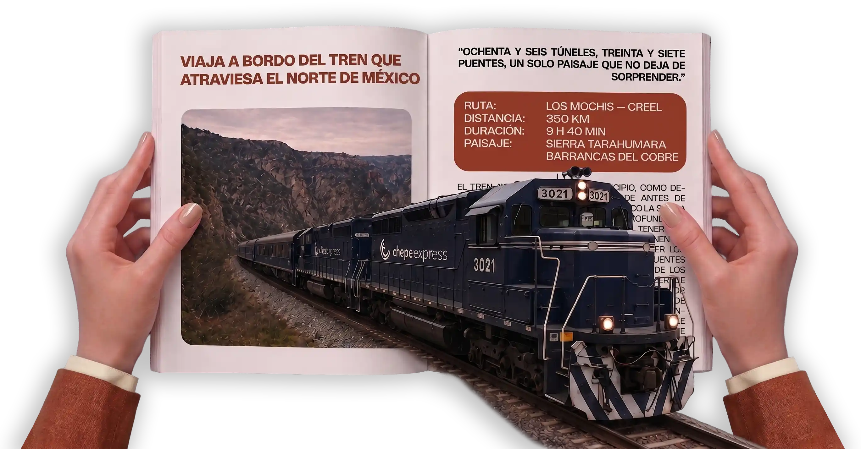 Revista Chepe Express de la que emerge el tren, sostenida por una viajera