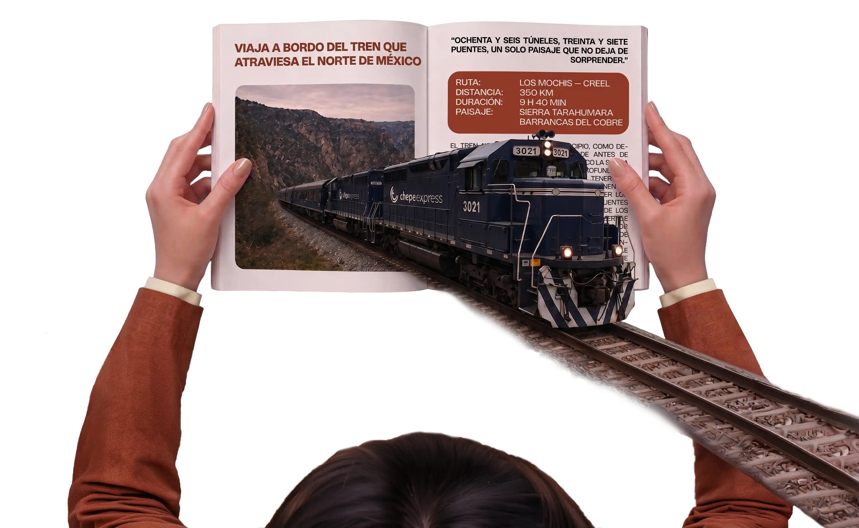 Revista Chepe Express de la que emerge el tren, sostenida por una viajera