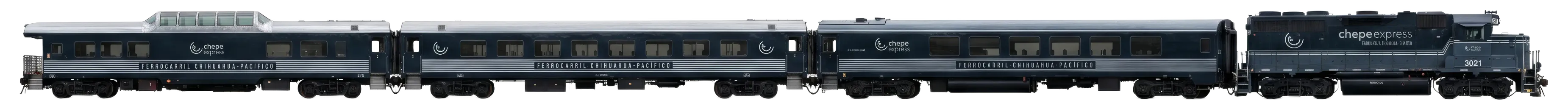 Tren Chepe Express del Ferrocarril Chihuahua-Pacífico visto de perfil